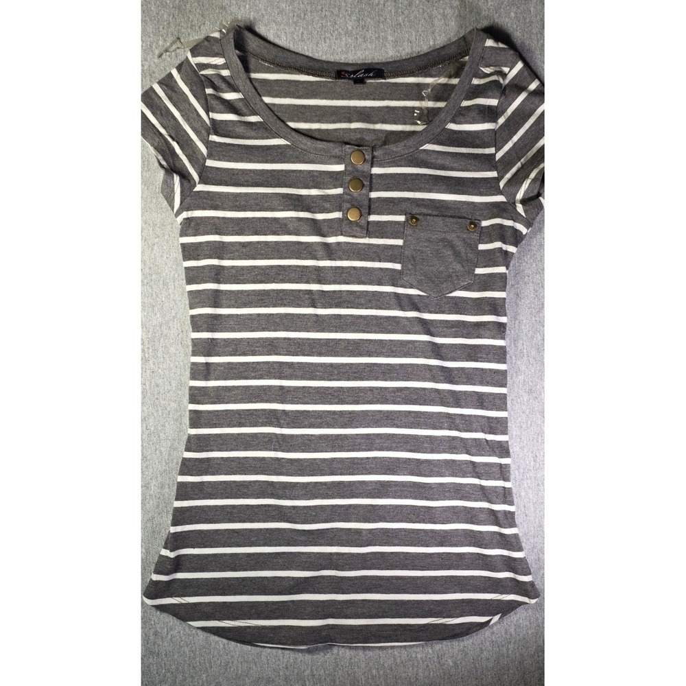 Splash Womens Grey White Striped Henley Short Sleeve Pocket Tee Size S